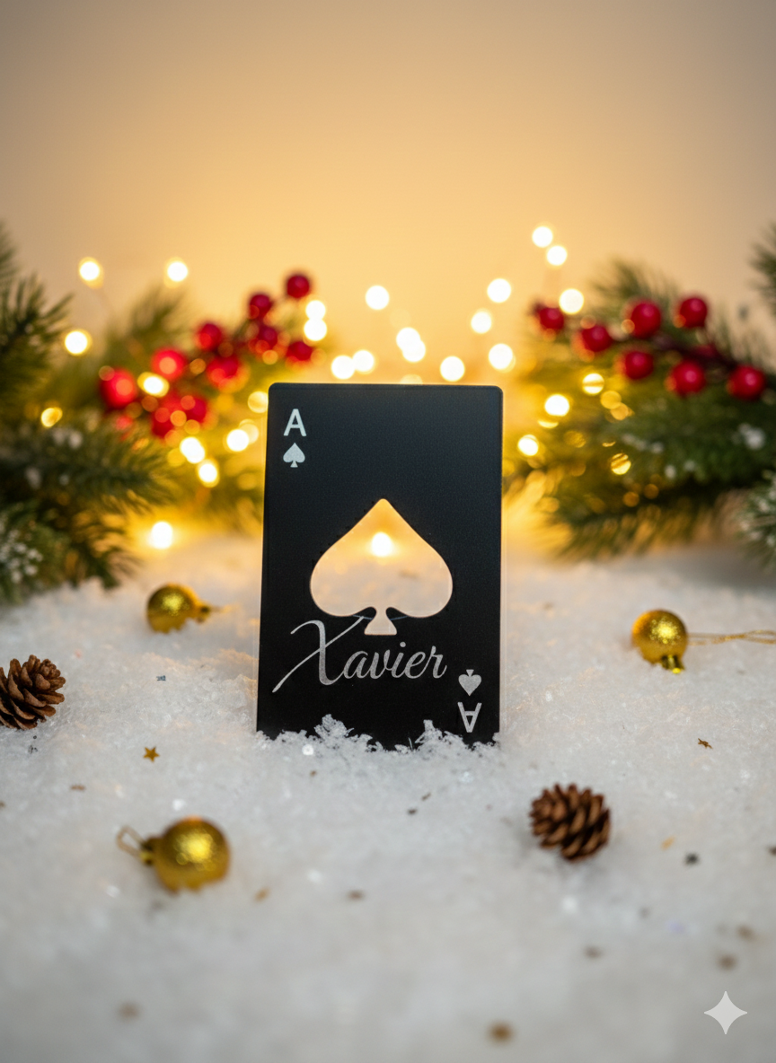 Personalised Ace of Spades bottle opener with name engraving. A sleek customised gift for him or Secret Santa surprise.