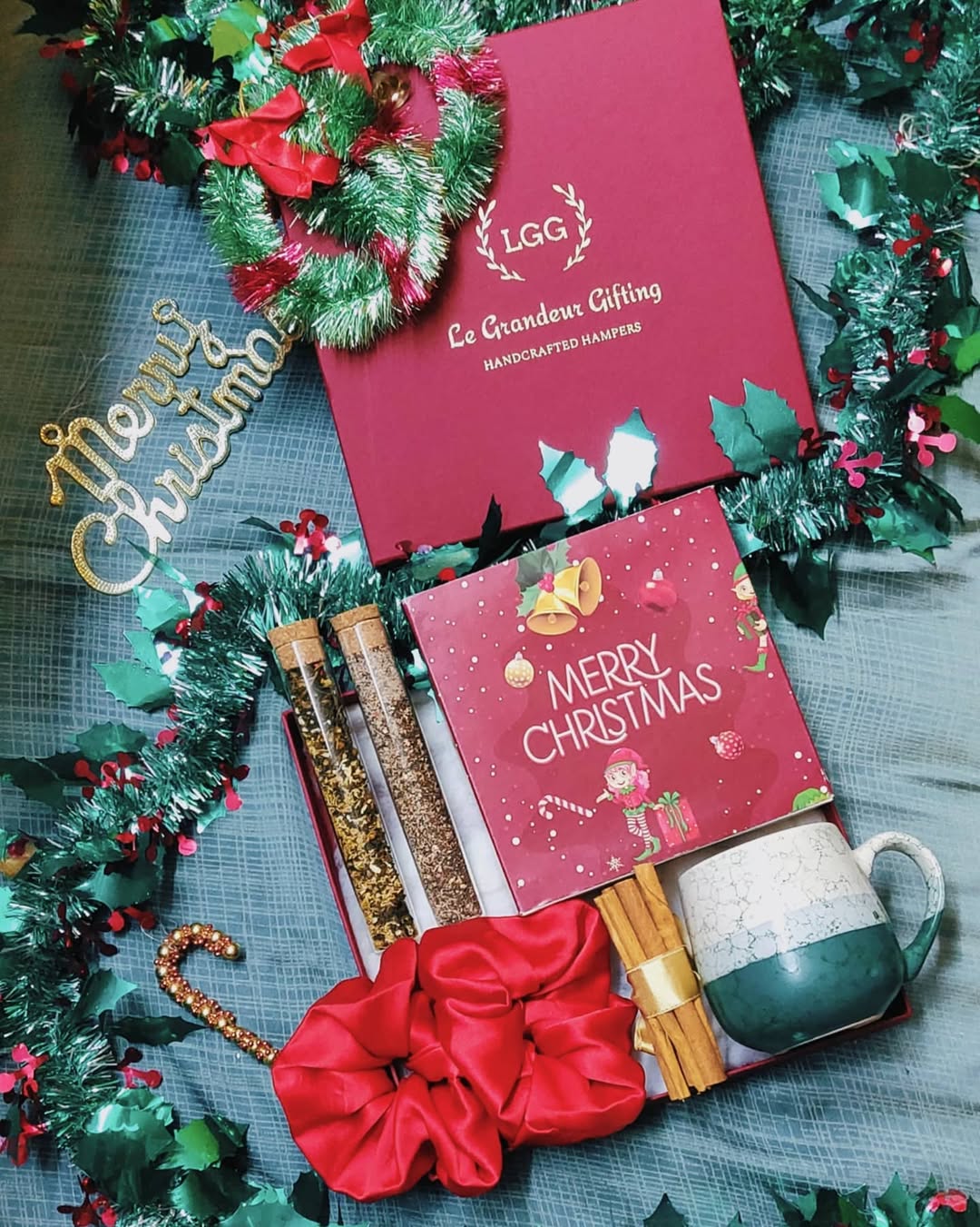 Cozy Christmas Morning Box with tea, coffee, chocolate and a ceramic mug. A warm Christmas hamper for gifting, corporates and Secret Santa.