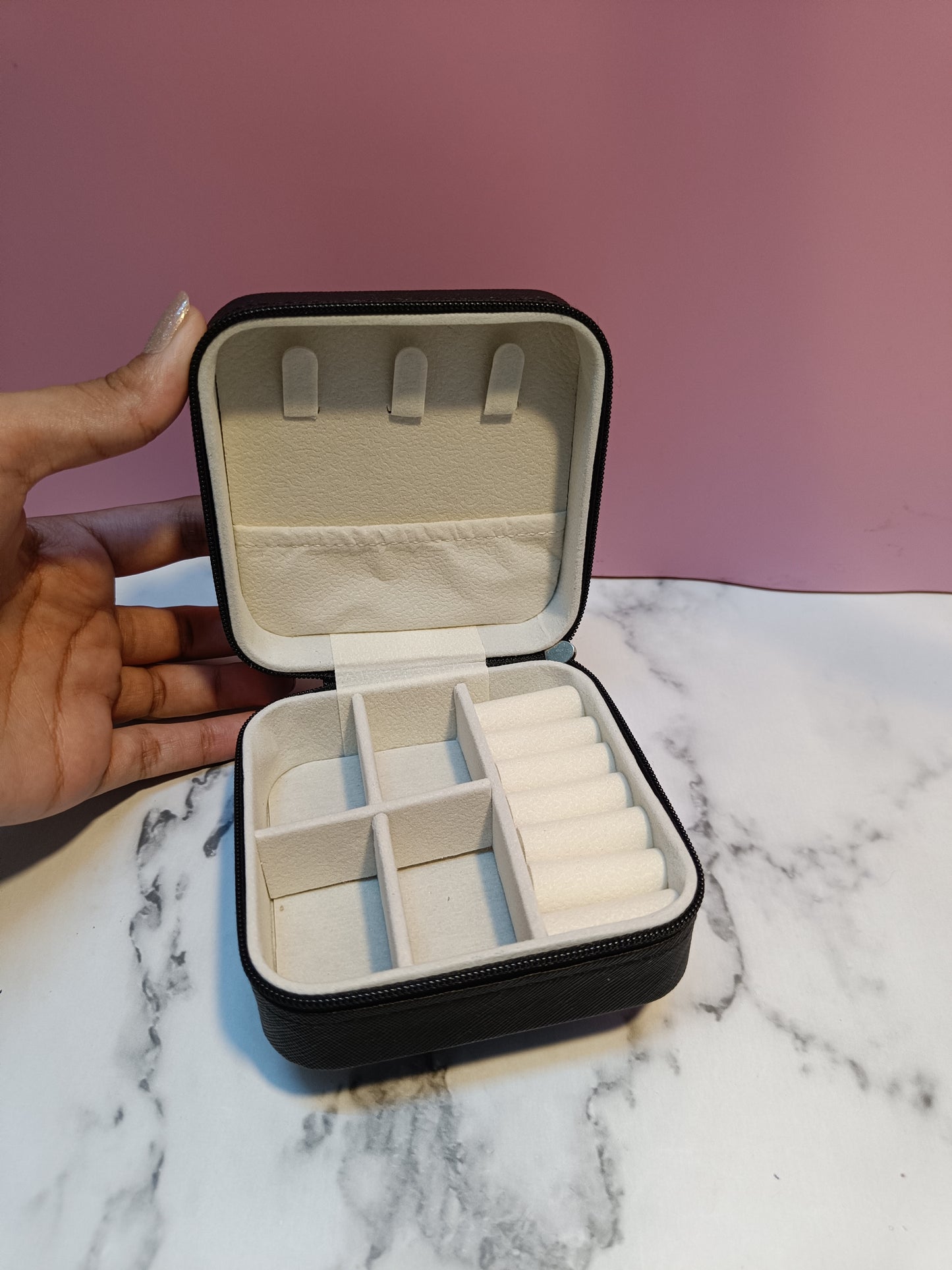 Custom Initial Jewelry Organizer Box in pastel shades with metallic gold initial. Ideal for corporate gifts, bridesmaids, birthdays, and personalised hampers.