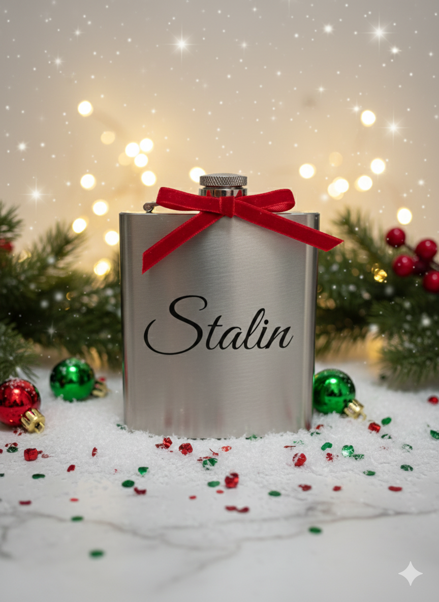 Personalised stainless steel hip flask with custom name engraving. A classy Christmas gift for him or Secret Santa add-on.