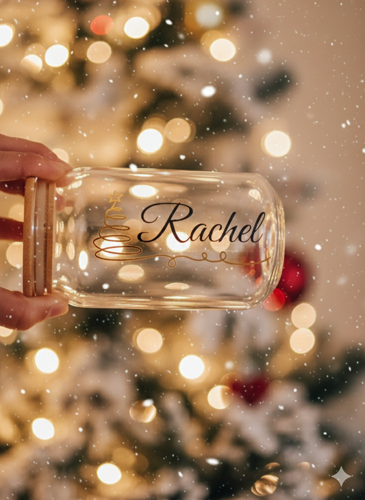Personalised Christmas glass tumbler with festive tree design. Ideal for Secret Santa, office gifts, personalised hampers, and holiday gifting.