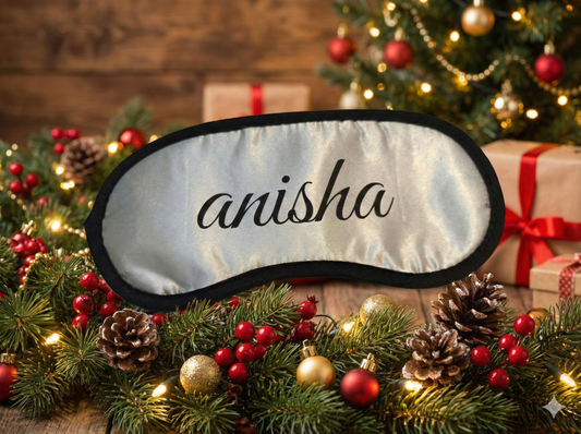 Personalised satin eye mask with name engraving. A chic customised gift for travel, pamper hampers, bridesmaids, birthdays and self-care.
