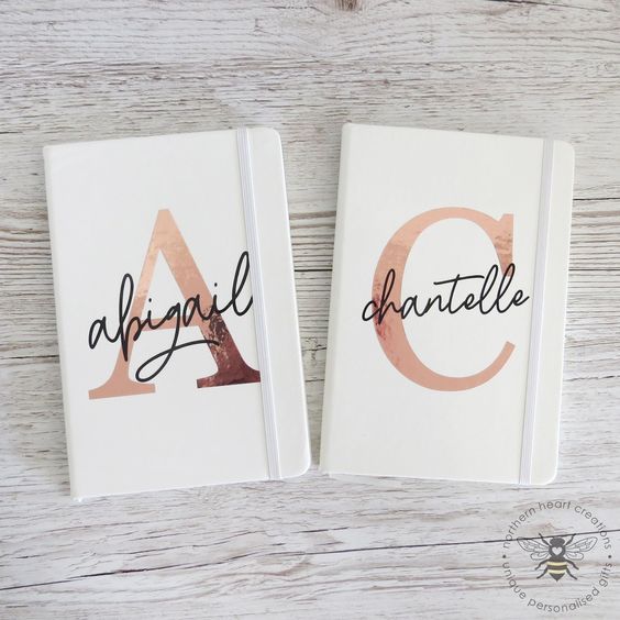 Personalised Notebook with name & initial in metallic finish. Perfect for corporate gifts, birthdays, bridesmaids, journaling, and festive hampers.