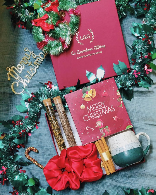 Cozy Christmas Morning Box with tea, coffee, chocolate and a ceramic mug. A warm Christmas hamper for gifting, corporates and Secret Santa.