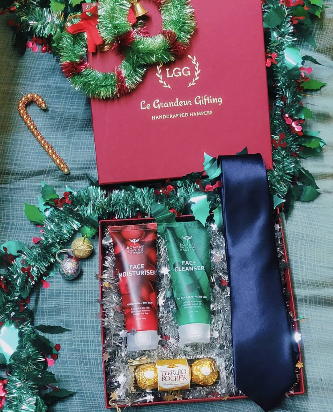 Classic Gentleman Christmas Box with grooming essentials, tie and chocolates. A premium Christmas hamper for men, corporates and Secret Santa gifting.