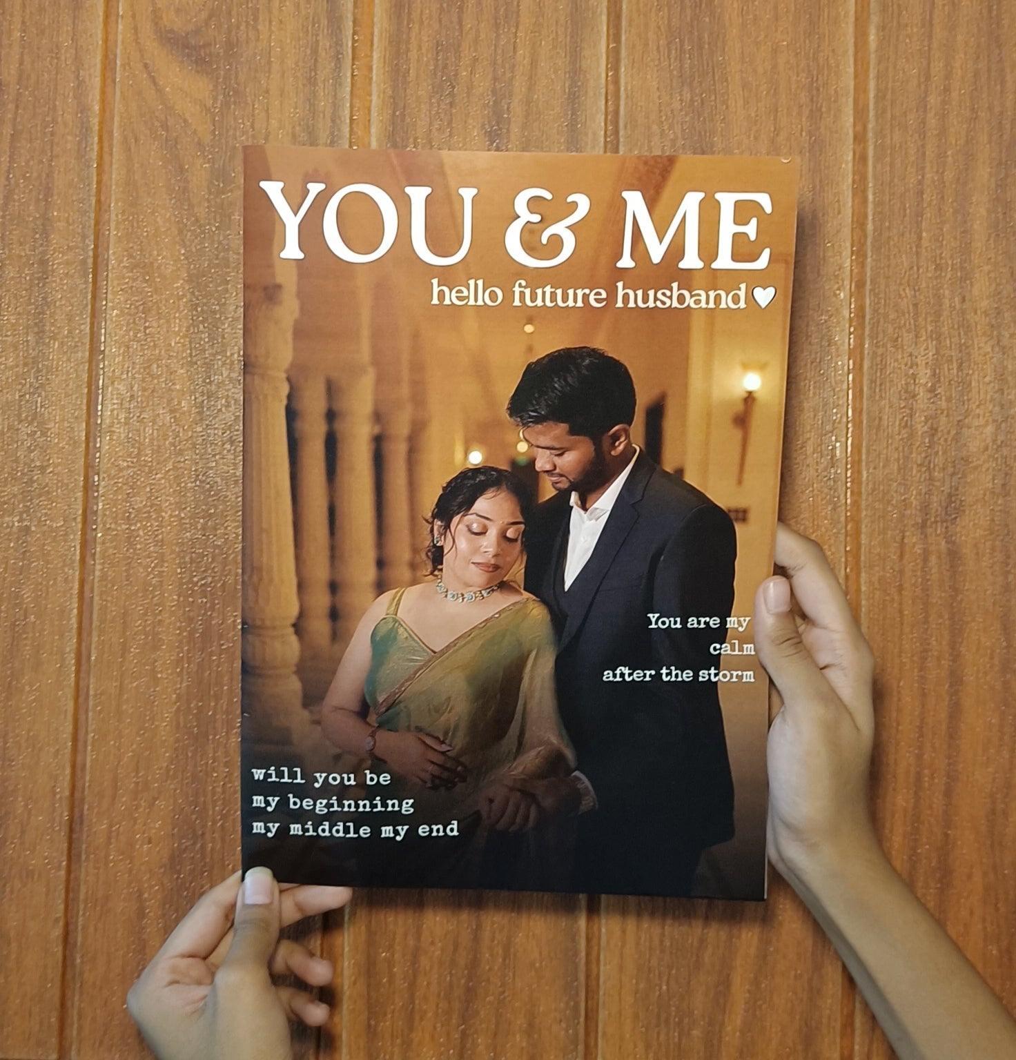 Custom Pre-Wedding Photo Magazine, personalised with your photos and messages. Ideal as a wedding gift, keepsake, or stylish album alternative.