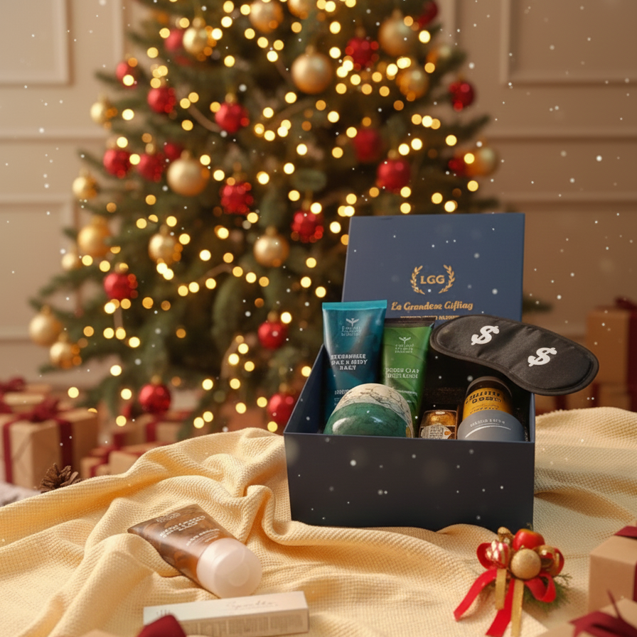 A premium men’s grooming Christmas hamper with skincare, coffee, candle and chocolates. Perfect for gifting him this festive season.