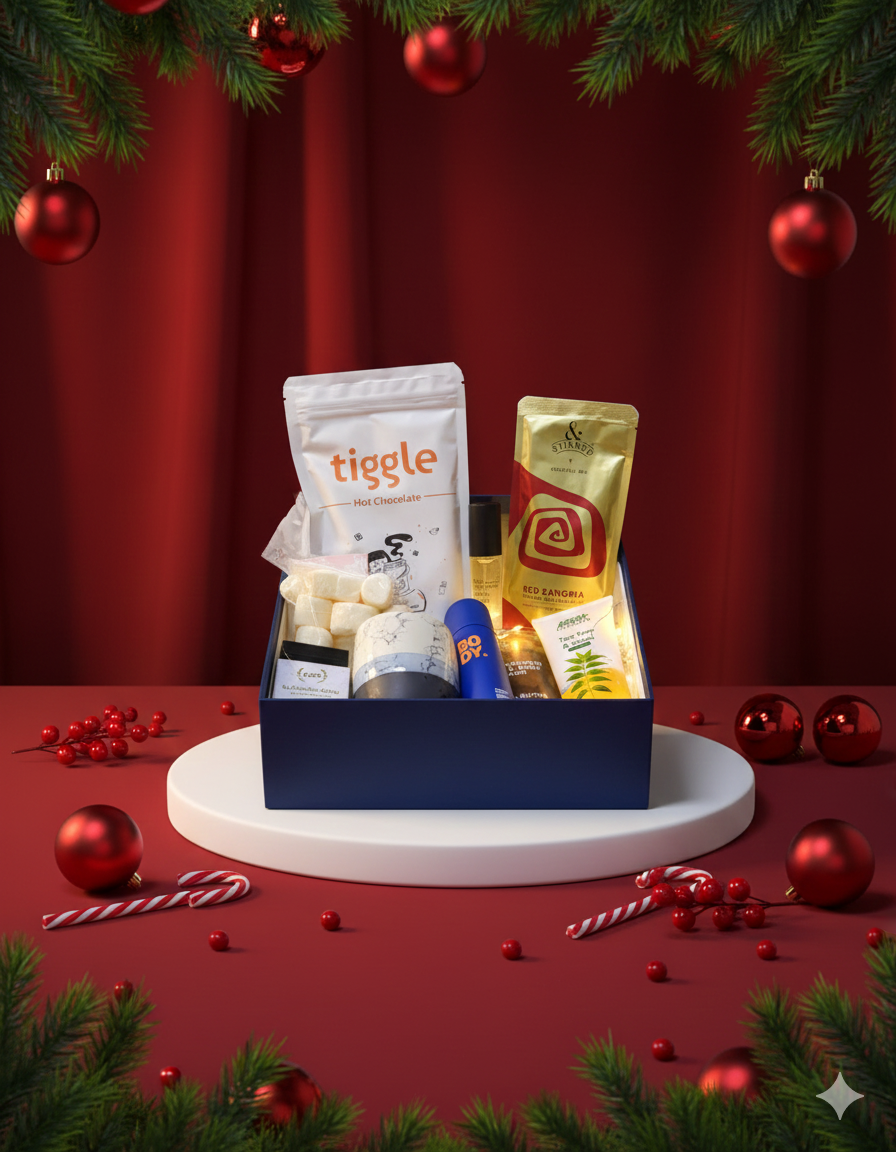 Winter Comfort Christmas Hamper with hot chocolate, mug, marshmallows & self-care essentials. Perfect for Christmas gifting, Secret Santa & corporate gifts.