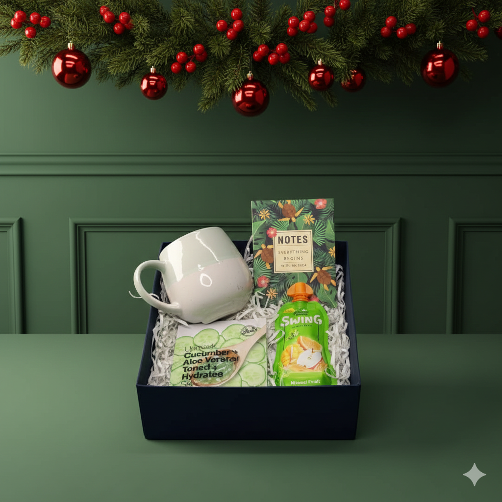 Cozy Calm Christmas Hamper with ceramic mug, journal & self-care essentials. A thoughtful festive gift for Secret Santa, friends and colleagues.