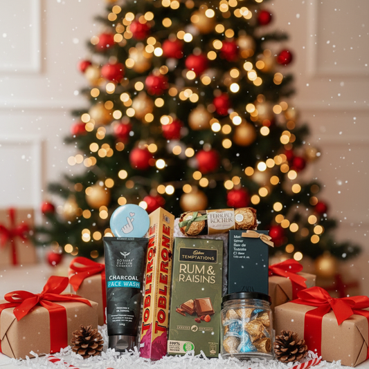 Luxe Men’s Christmas Treat Box with grooming essentials, chocolates and perfume. A premium Christmas hamper for men, corporates and Secret Santa.
