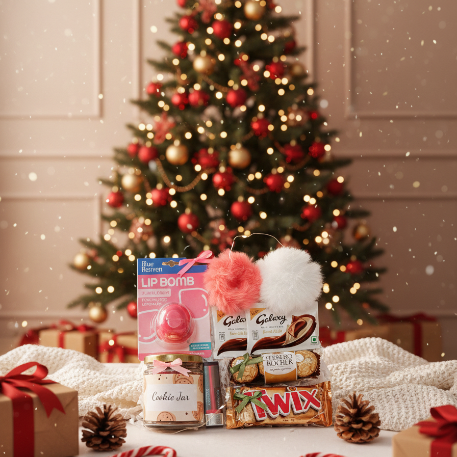 Sweet & Snuggly Christmas Treat Box with chocolates, lip care and cute accessories. A perfect Christmas gift for her or Secret Santa surprise.