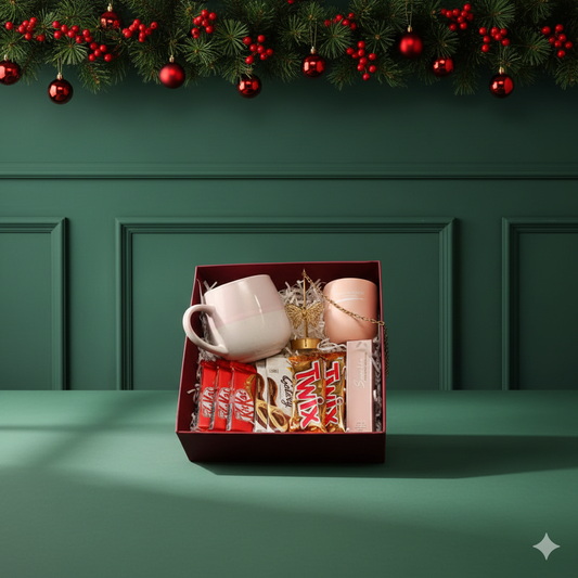 Merry Indulgence Christmas Hamper with chocolates, scented candle & ceramic mug. A perfect festive gift for Secret Santa, family & office gifting.