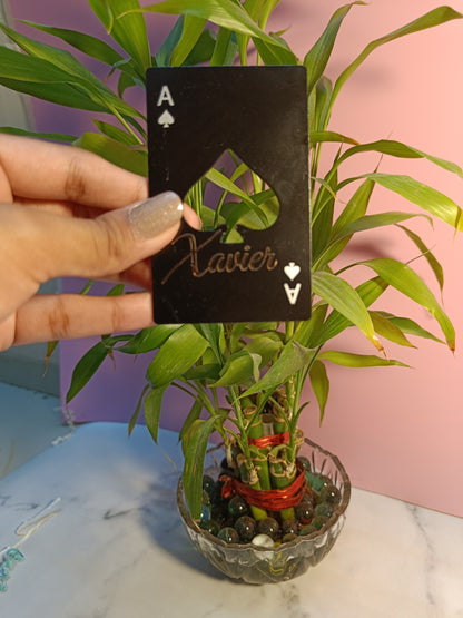 Custom playing card bottle opener with name engraving. A sleek personalised gift for men, festive hampers and bar accessories.