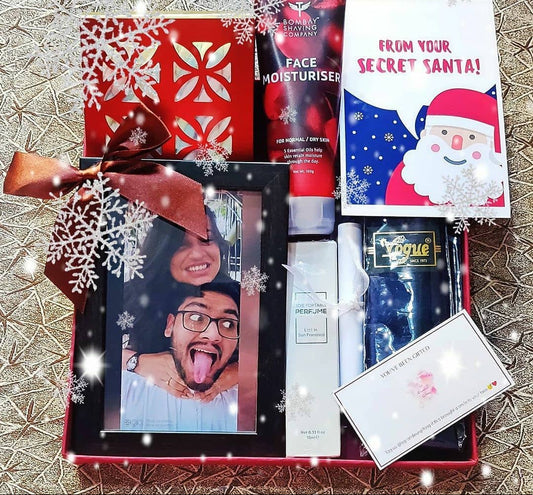 Personalised Secret Santa gift hamper with photo frame, grooming essentials and chocolates. A thoughtful Christmas gift for him or friends.